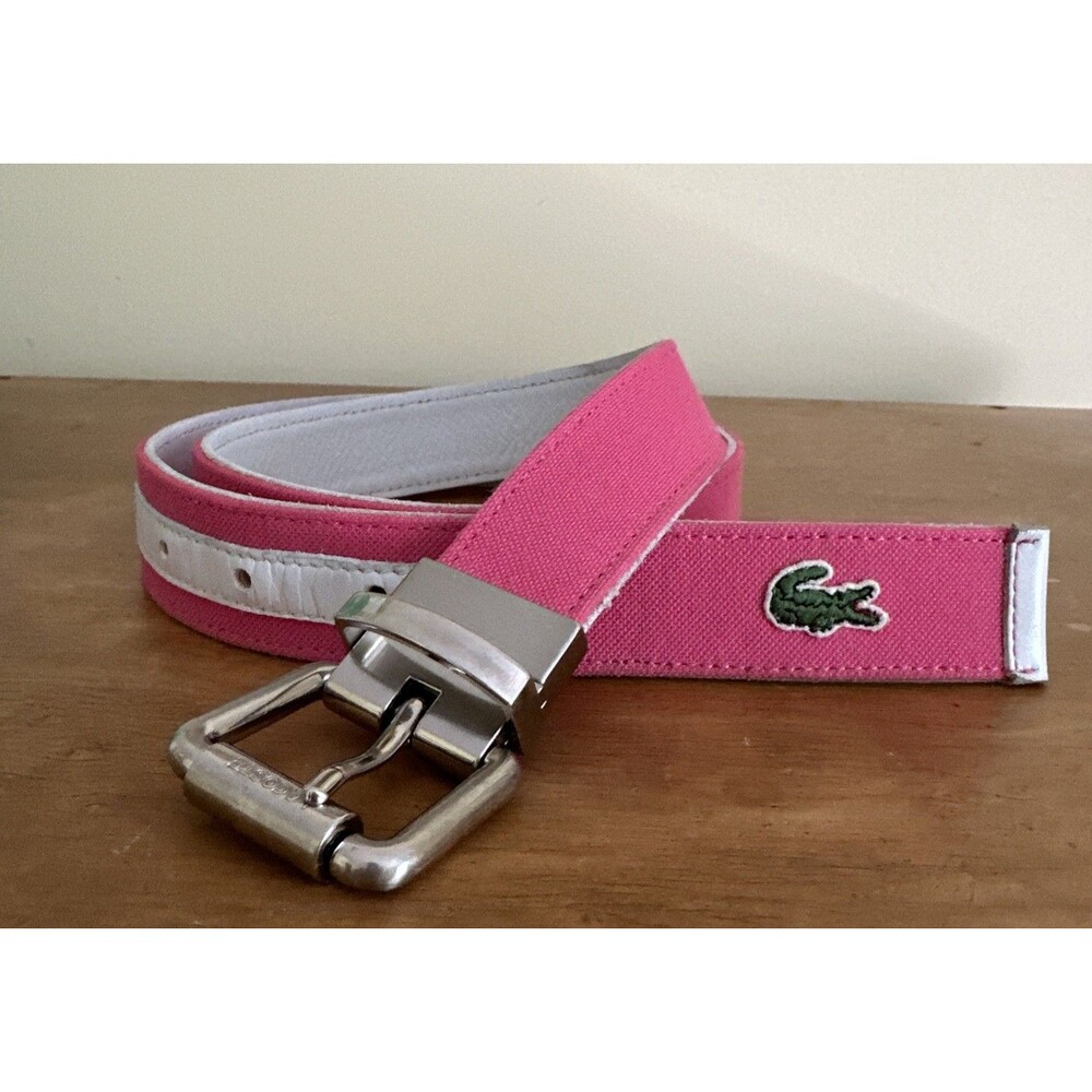 Lacoste Reversible Belt Pink Canvas White Leather Size 34 Crocodile Logo Preppy
